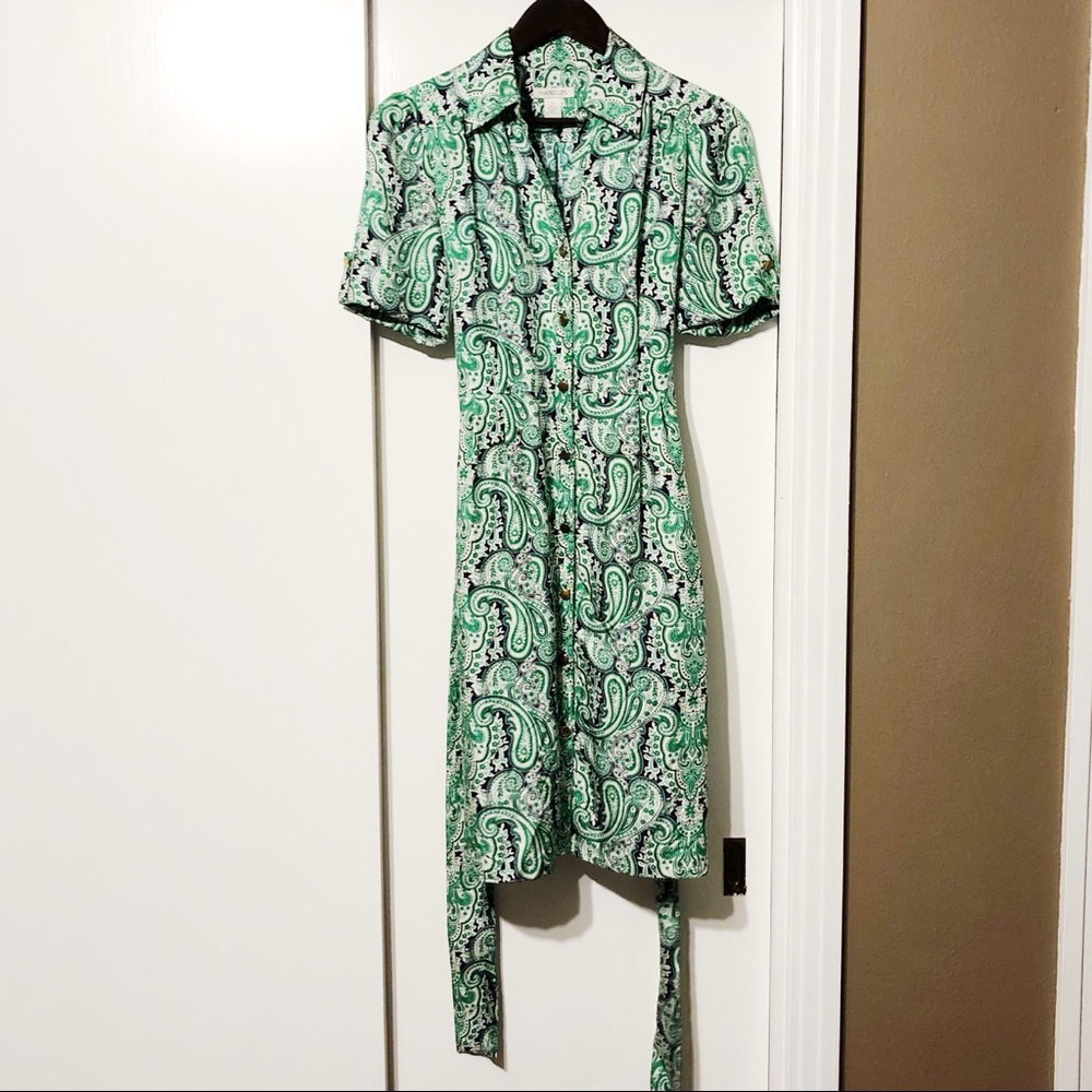 Green + White Paisley Vintage Silk Collar Dress